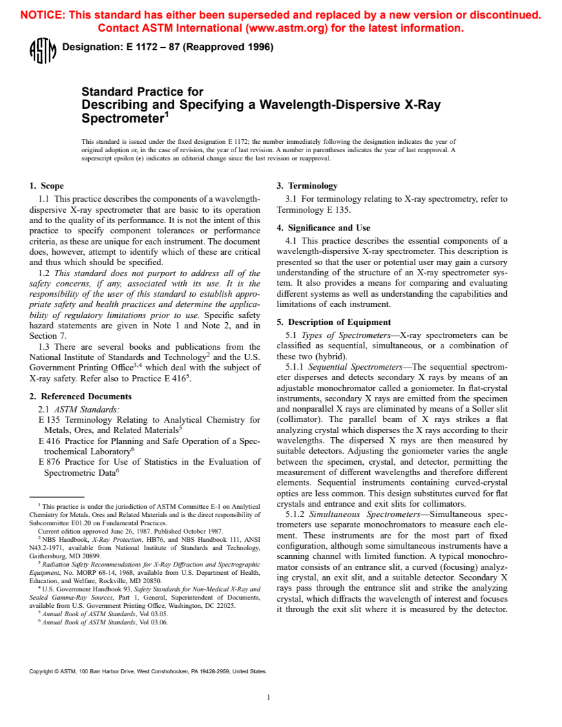 ASTM E1172-87(1996) - Standard Practice for Describing and Specifying a Wavelength-Dispersive X-Ray Spectrometer