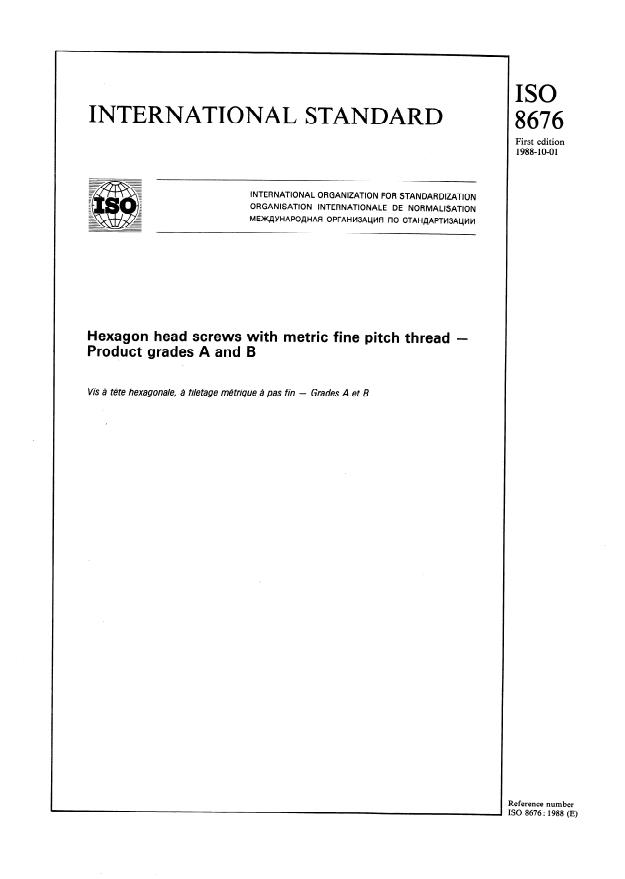 ISO 8676:1988 - Hexagon head screws with metric fine pitch thread -- Product grades A and B