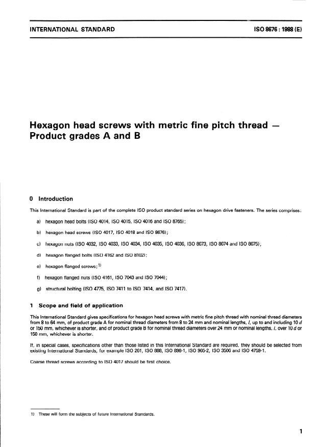 ISO 8676:1988 - Hexagon head screws with metric fine pitch thread -- Product grades A and B
