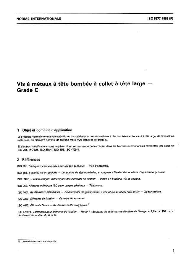 ISO 8677:1986 - Vis a métaux a tete bombée a collet carré a tete large -- Grade C