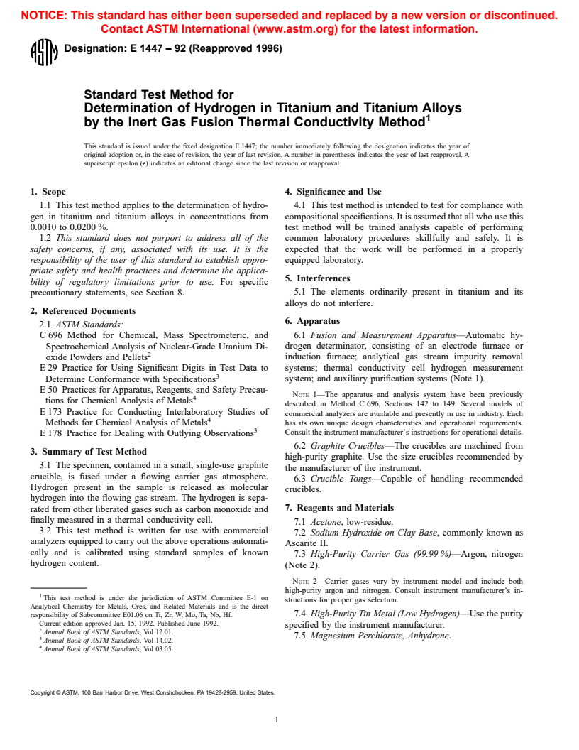 ASTM E1447-92(1996) - Standard Test Method for Determination of Hydrogen in Titanium and Titanium Alloys by the Inert Gas Fusion Thermal Conductivity Method