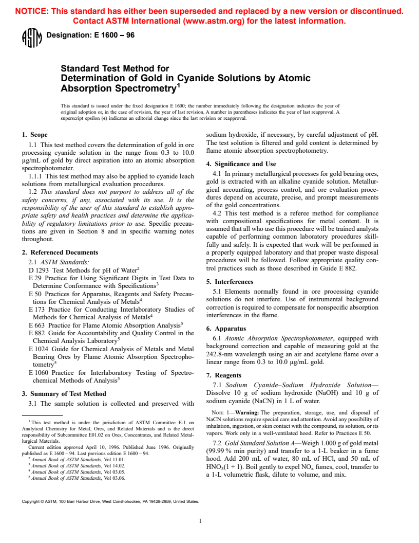 ASTM E1600-96 - Standard Test Method for Determination of Gold in Cyanide Solutions by Atomic Absorption Spectrometry