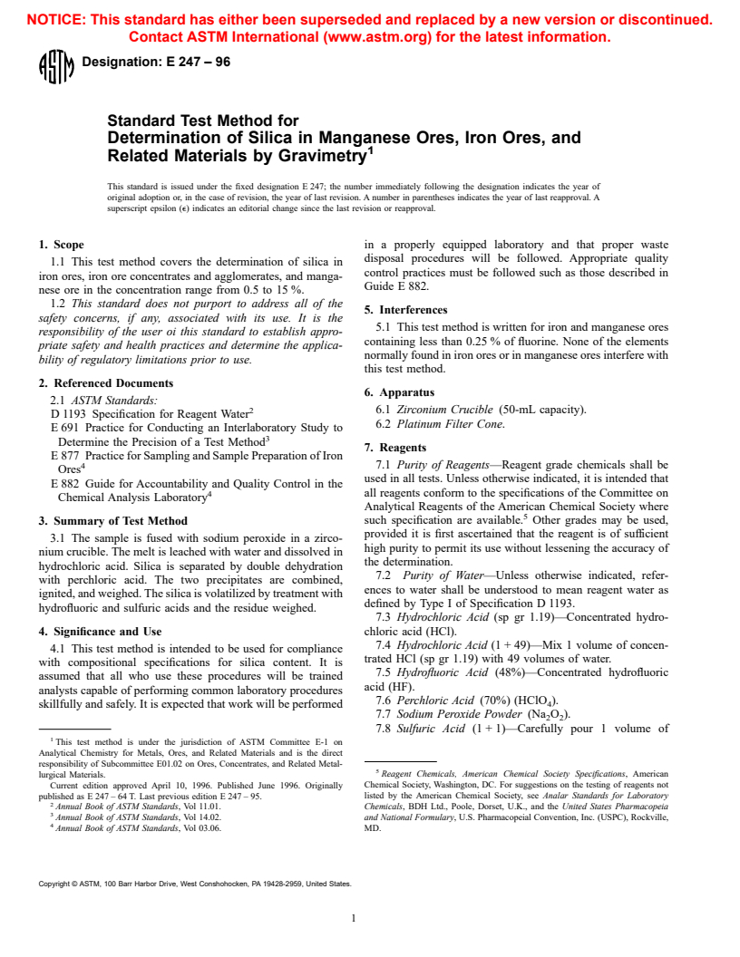 ASTM E247-96 - Standard Test Method for Determination of Silica in Manganese Ores, Iron Ores, and Related Materials by Gravimetry