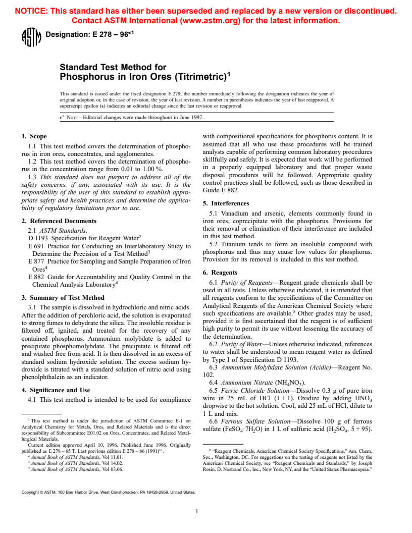 ASTM E278-96E1 - Standard Test Method for the Determiniation of Phosphorus in Iron Ores by Phosphomolybdate Coprecipitation and Nitric Acid Titrimetry