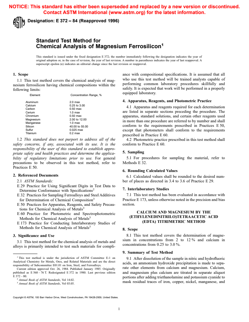 ASTM E372-84(1996) - Standard Test Method Determination of Calcium and Magnesium Ferrosilicon