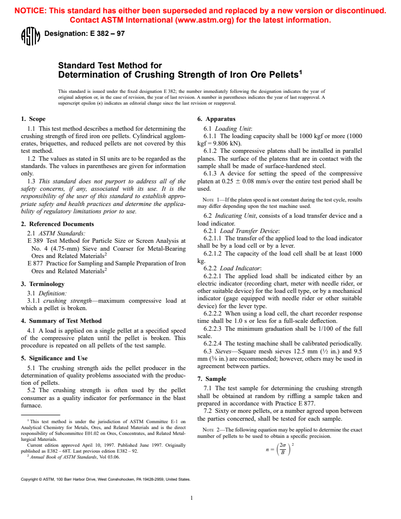 ASTM E382-97 - Standard Test Method for Determination of Crushing Strength of Iron Ore Pellets