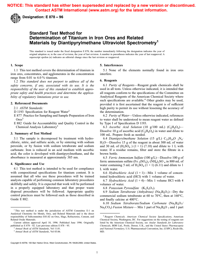 ASTM E878-96 - Standard Test Method for Determination of Titanium in Iron Ores and Related Materials by Diantipyrylmethane Untraviolet Spectrometry