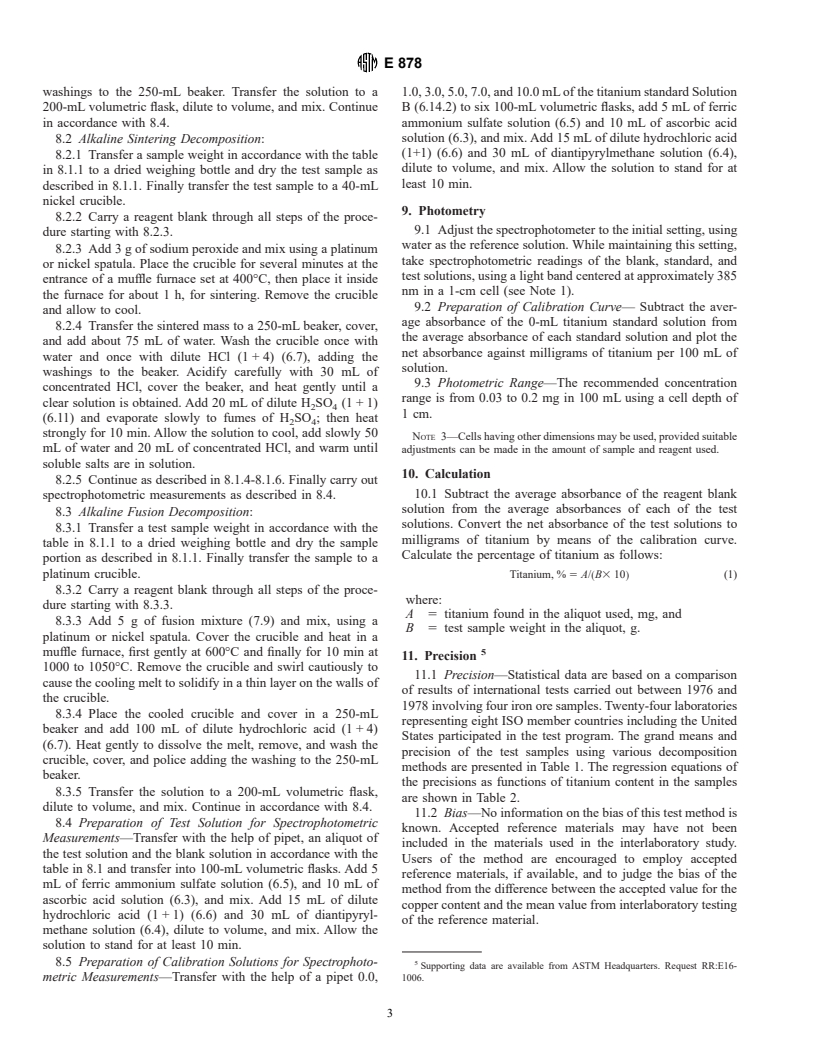 ASTM E878-96 - Standard Test Method for Determination of Titanium in Iron Ores and Related Materials by Diantipyrylmethane Untraviolet Spectrometry