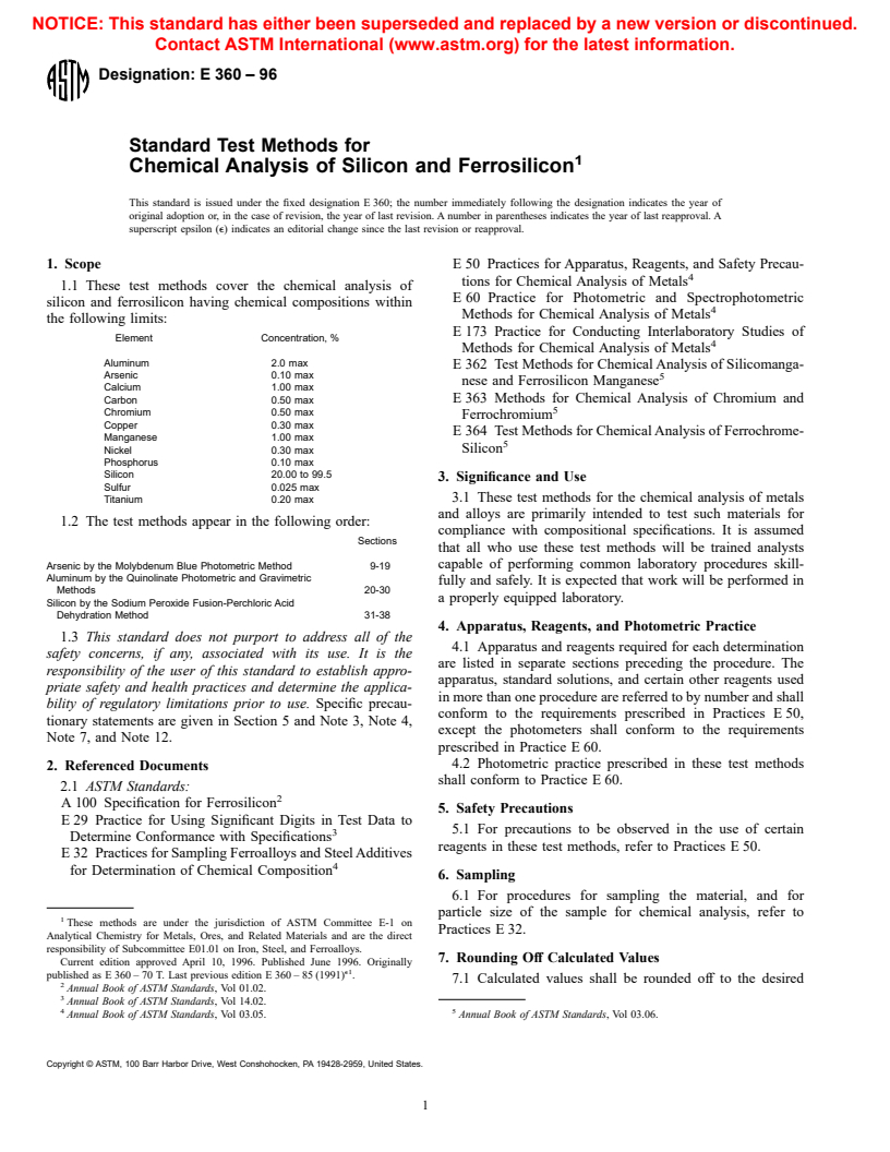 ASTM E360-96 - Standard Test Methods for Chemical Analysis of Silicon and Ferrosilicon