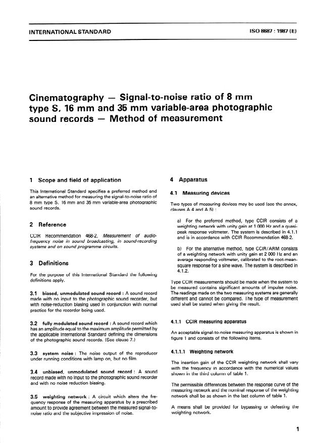 ISO 8687:1987 - Cinematography -- Signal-to-noise ratio of 8 mm Type S, 16 mm and 35 mm variable-area photographic sound records -- Method of measurement