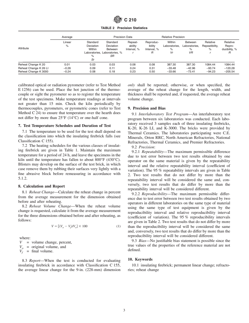 ASTM C210-95(1999) - Standard Test Method for Reheat Change of Insulating Firebrick