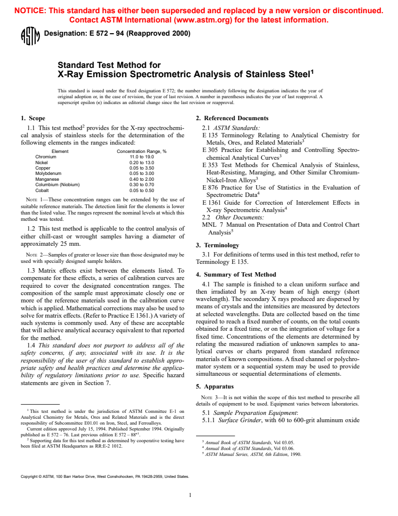 ASTM E572-94(2000) - Standard Test Method for X-Ray Emission Spectrometric Analysis of Stainless Steel