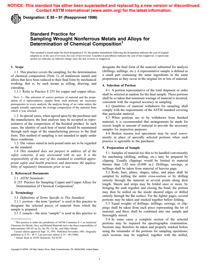 ASTM E55-91(1996) - Standard Practice for Sampling Wrought Nonferrous Metals and Alloys for Determination of Chemical Composition