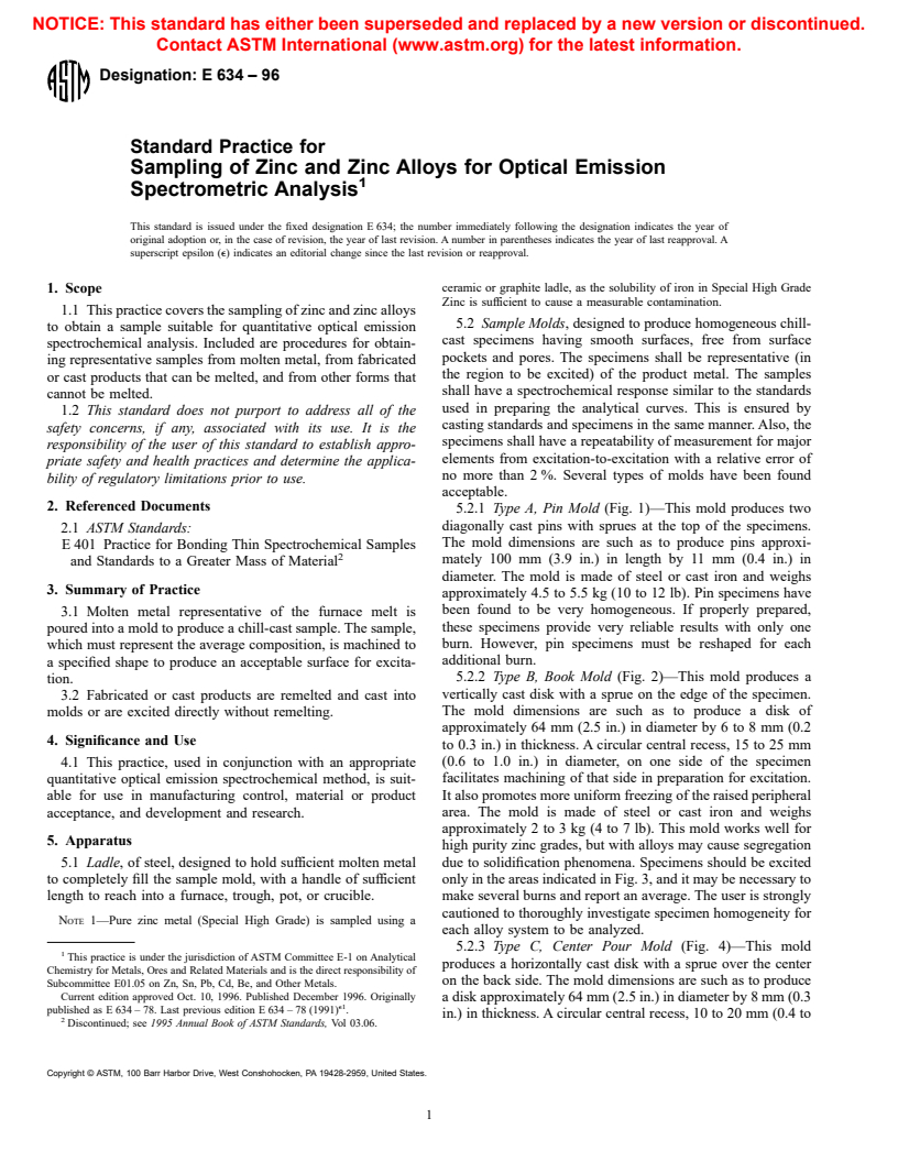 ASTM E634-96 - Standard Practice for Sampling of Zinc and Zinc Alloys for Optical Emission Spectrometric Analysis