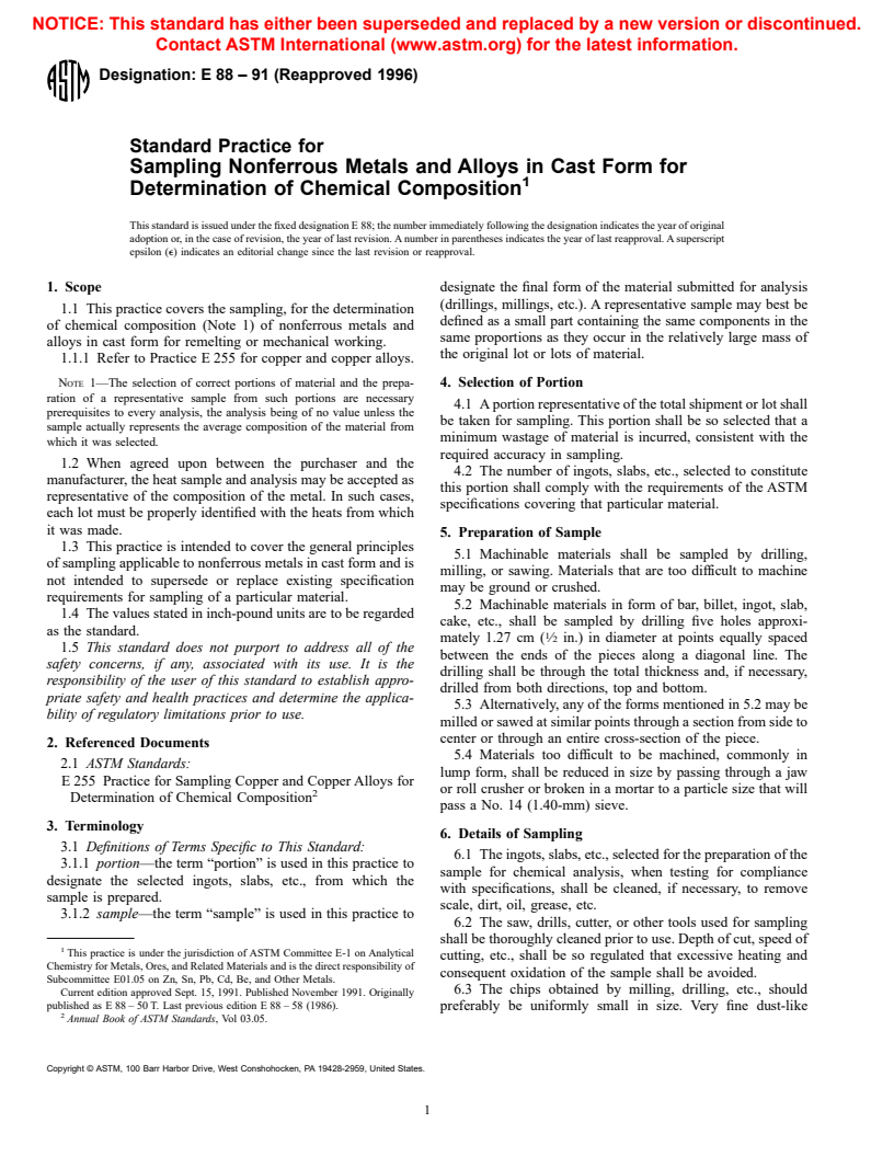 ASTM E88-91(1996) - Standard Practice for Sampling Nonferrous Metals and Alloys in Cast Form for Determination of Chemical Composition