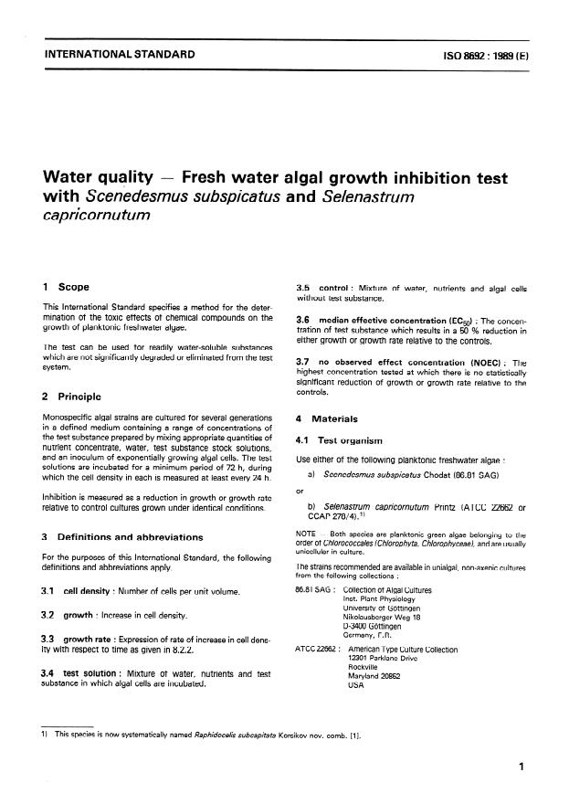 ISO 8692:1989 - Water quality -- Fresh water algal growth inhibition test with Scenedesmus subspicatus and Selenastrum capricornutum