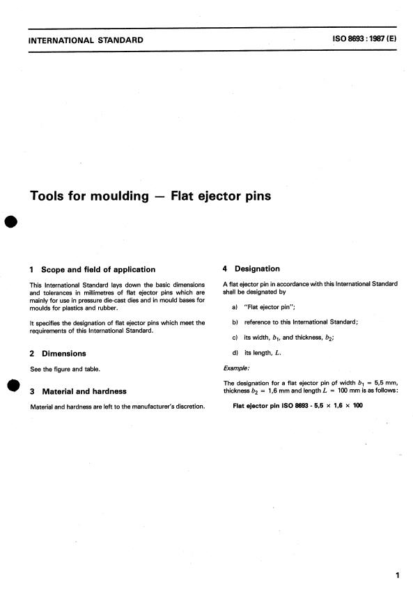 ISO 8693:1987 - Tools for moulding -- Flat ejector pins