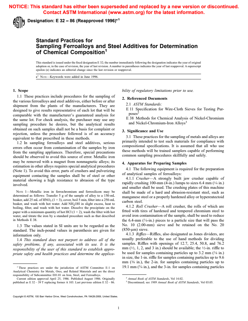 ASTM E32-86(1996)e1 - Standard Practices for Sampling Ferroalloys and Steel Additives for Determination of Chemical Composition