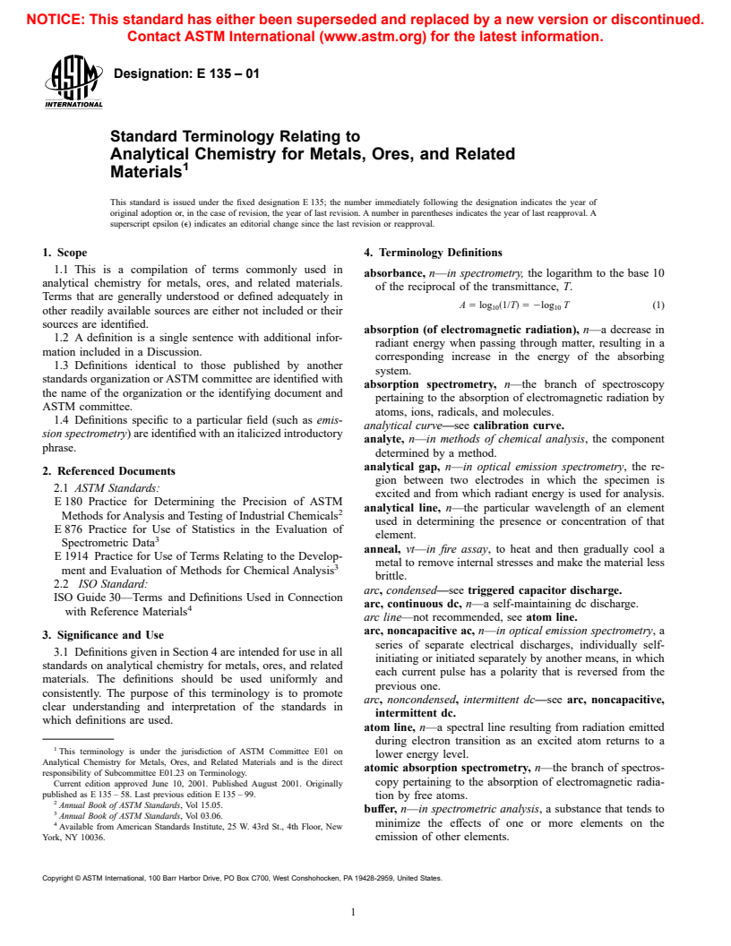 ASTM E135-01 - Standard Terminology Relating to Analytical Chemistry for Metals, Ores, and Related Materials