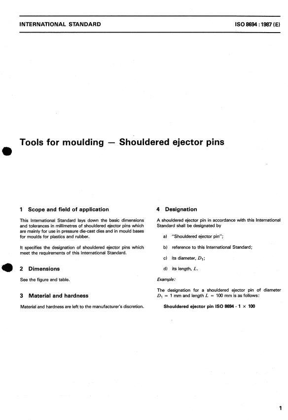 ISO 8694:1987 - Tools for moulding -- Shouldered ejector pins