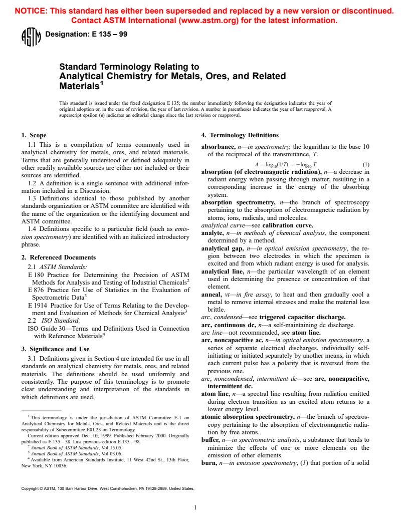 ASTM E135-99 - Standard Terminology Relating to Analytical Chemistry for Metals, Ores, and Related Materials