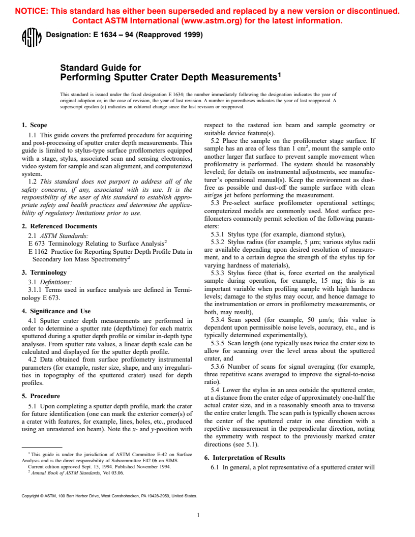 ASTM E1634-94(1999) - Standard Guide for Performing Sputter Crater Depth Measurements