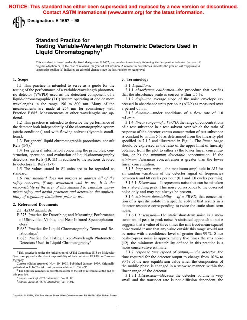 ASTM E1657-98 - Standard Practice for Testing Variable-Wavelength Photometric Detectors Used in Liquid Chromatography