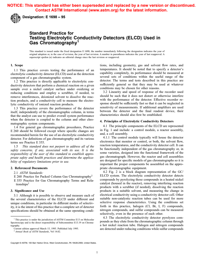 ASTM E1698-95 - Standard Practice for Testing Electrolytic Conductivity Detectors (ELCD) Used in Gas Chromatography
