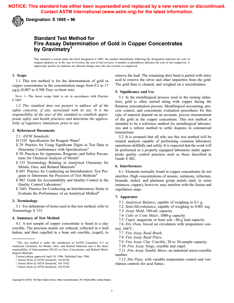 ASTM E1805-96 - Standard Test Method for Fire Assay Determination of Gold in Copper Concentrates by Gravimetry