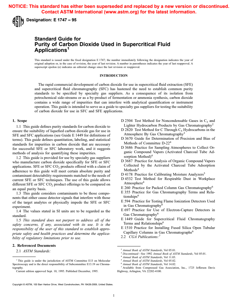 ASTM E1747-95 - Standard Guide for Purity of Carbon Dioxide Used in Supercritical Fluid Applications