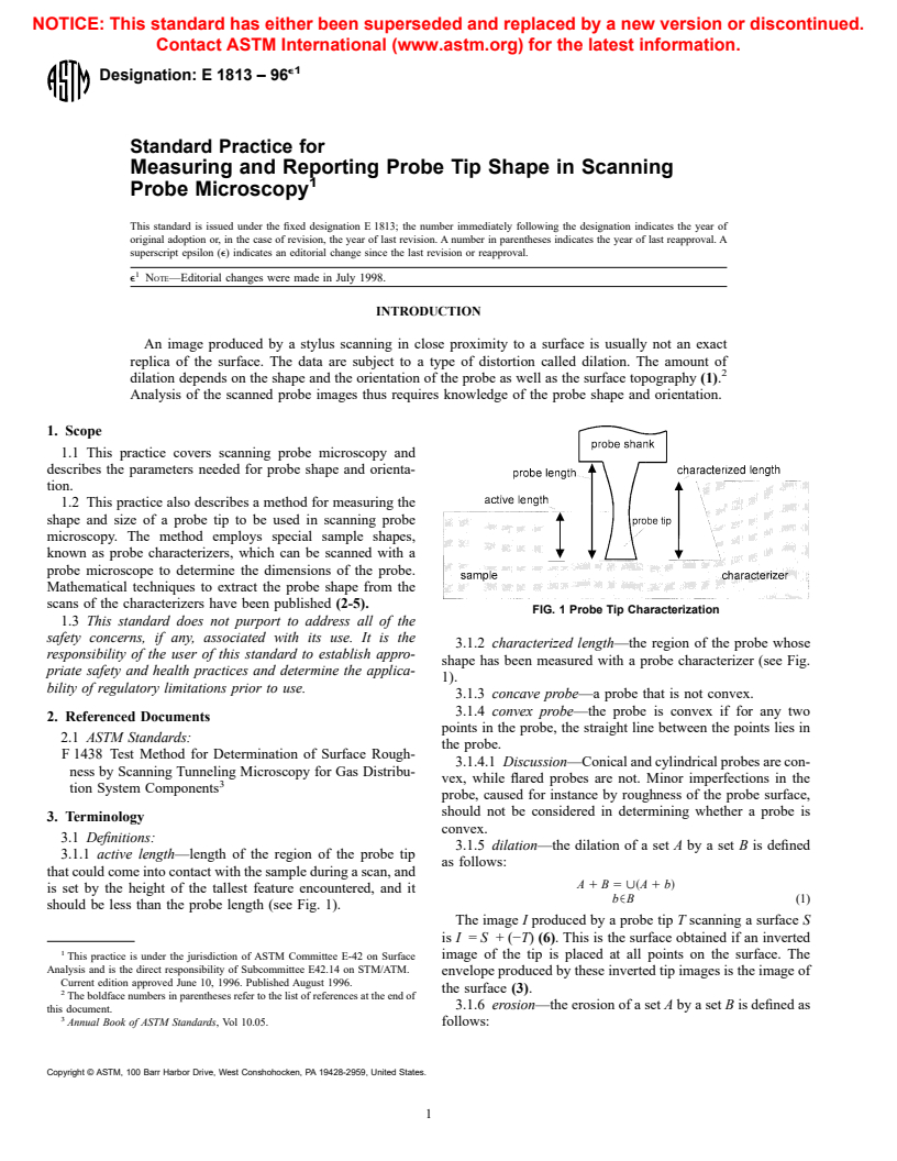 ASTM E1813-96e1 - Standard Practice for Measuring and Reporting Probe Tip Shape in Scanning Probe Microscopy