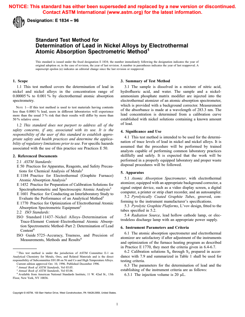 ASTM E1834-96 - Standard Test Method for Determination of Lead in Nickel Alloys by Electrothermal Atomic Absorption Spectrometric Method