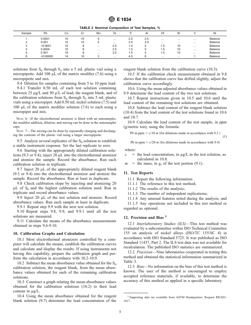 ASTM E1834-96 - Standard Test Method for Determination of Lead in Nickel Alloys by Electrothermal Atomic Absorption Spectrometric Method