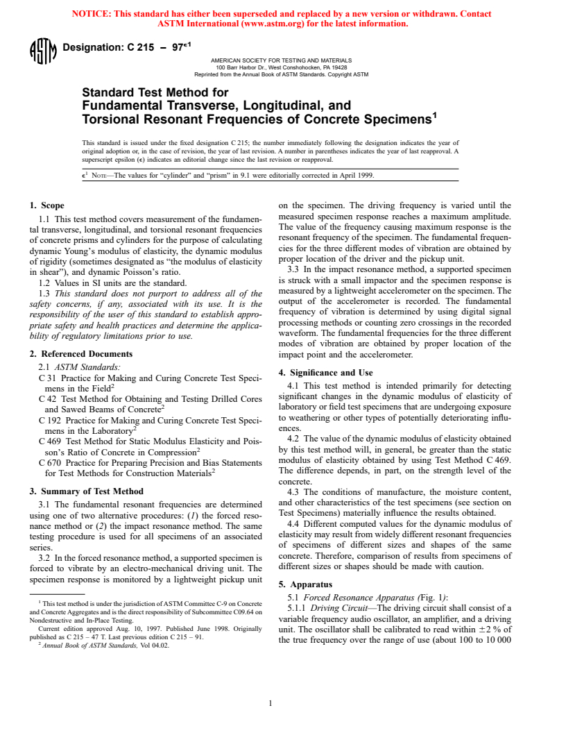 ASTM C215-97e1 - Standard Test Method for Fundamental Transverse, Longitudinal, and Torsional Frequencies of Concrete Specimens