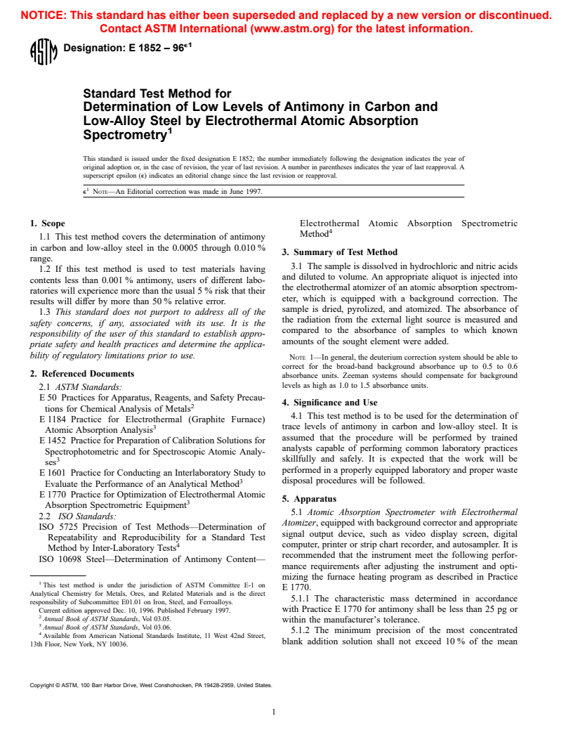 ASTM E1852-96e1 - Standard Test Method for Determination of Low Levels of Antimony in Carbon and Low-Alloy Steel by Electrothermal Atomic Absorption Spectrometry