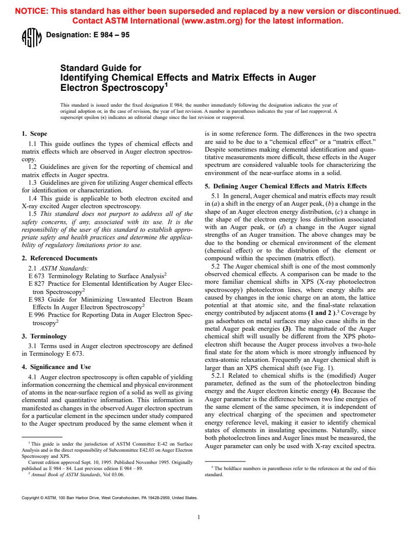 ASTM E984-95 - Standard Guide for Identifying Chemical Effects and Matrix Effects in Auger Electron Spectroscopy