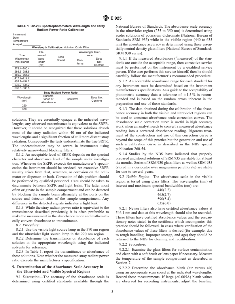 ASTM E925-83(1994)e1 - Standard Practice for Monitoring the Calibration of Ultraviolet-Visible Spectrophotometers whose Spectral Slit Width does not Exceed 2 nm