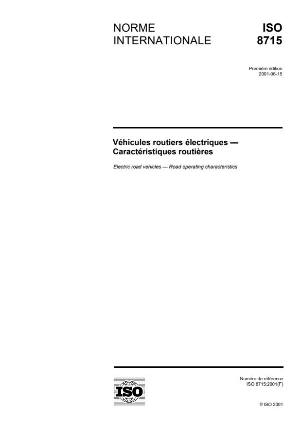 ISO 8715:2001 - Véhicules routiers électriques -- Caractéristiques routieres
