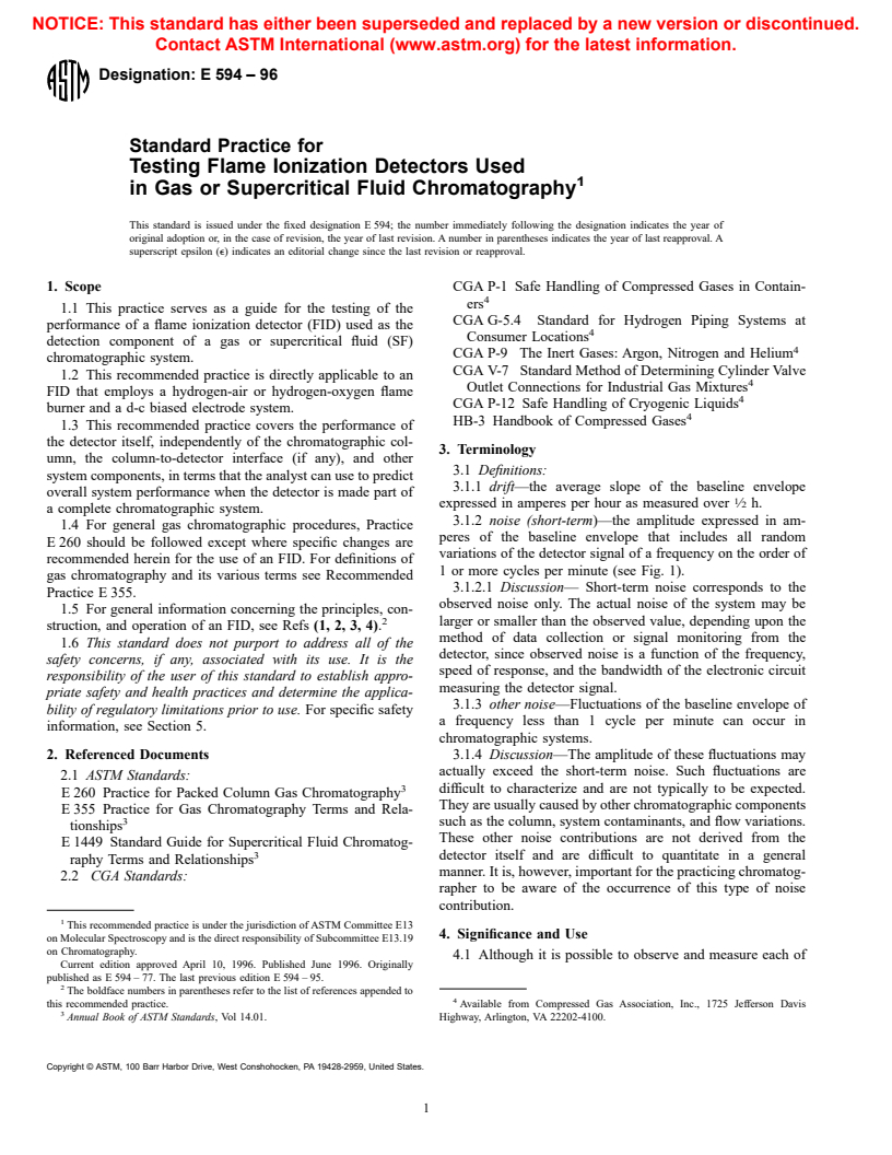 ASTM E594-96 - Standard Practice for Testing Flame Ionization Detectors Used in Gas or Supercritical Fluid Chromatography