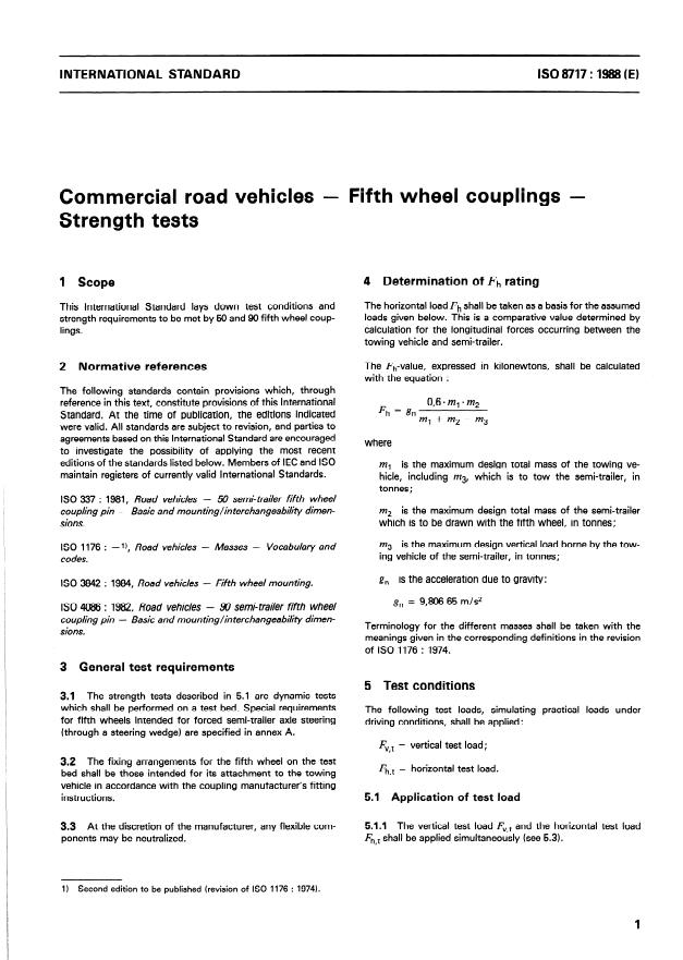 ISO 8717:1988 - Commercial road vehicles -- Fifth wheel couplings -- Strength tests