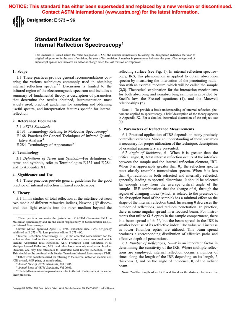 ASTM E573-96 - Standard Practices for Internal Reflection Spectroscopy