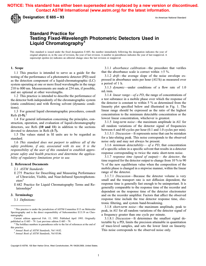 ASTM E685-93 - Standard Practice for Testing Fixed-Wavelength Photometric Detectors Used in Liquid Chromatography