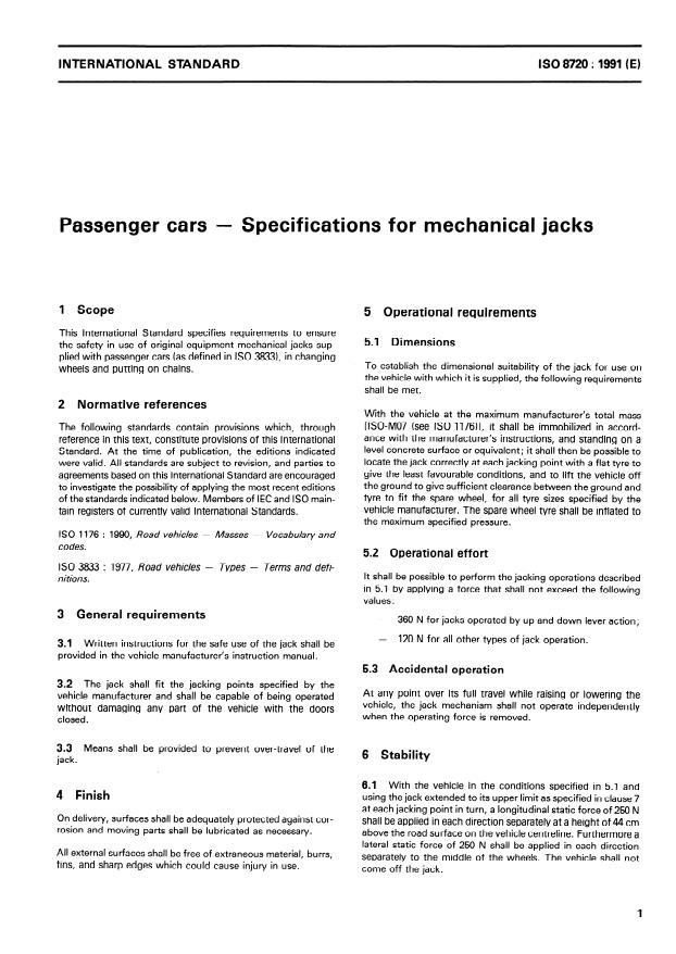 ISO 8720:1991 - Passenger cars -- Specifications for mechanical jacks
