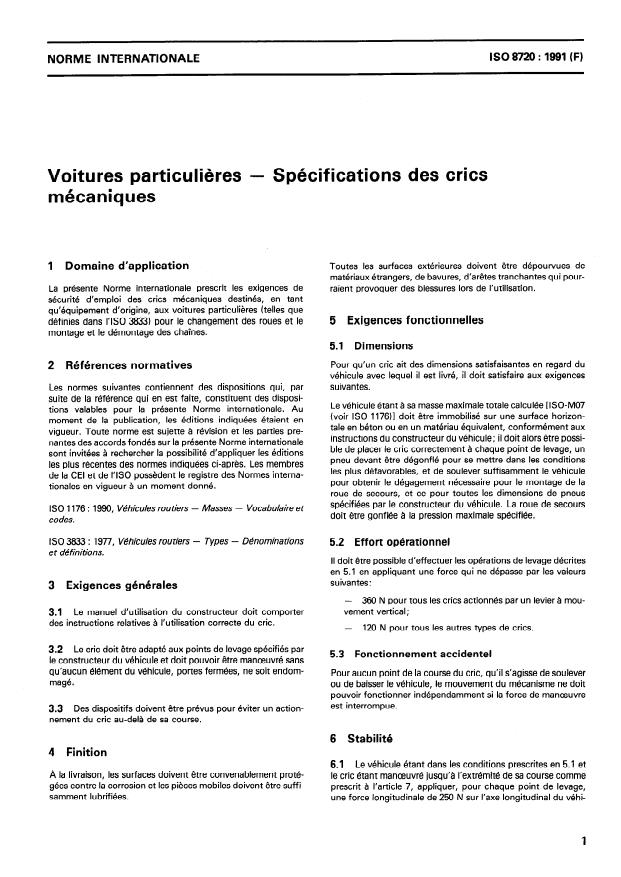 ISO 8720:1991 - Voitures particulieres -- Spécifications des crics mécaniques