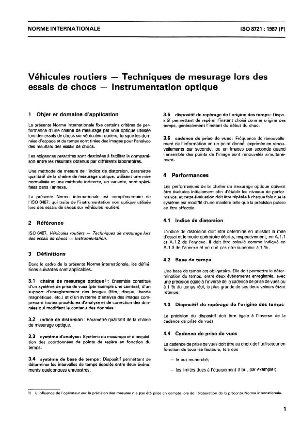 ISO 8721:1987 - Véhicules routiers -- Techniques de mesurage lors des essais de chocs -- Instrumentation optique