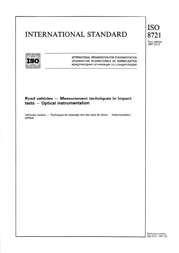 ISO 8721:1987 - Road vehicles -- Measurement techniques in impact tests -- Optical instrumentation