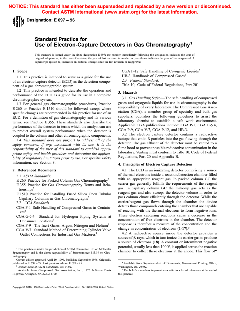 ASTM E697-96 - Standard Practice for Use of Electron-Capture Detectors in Gas Chromatography