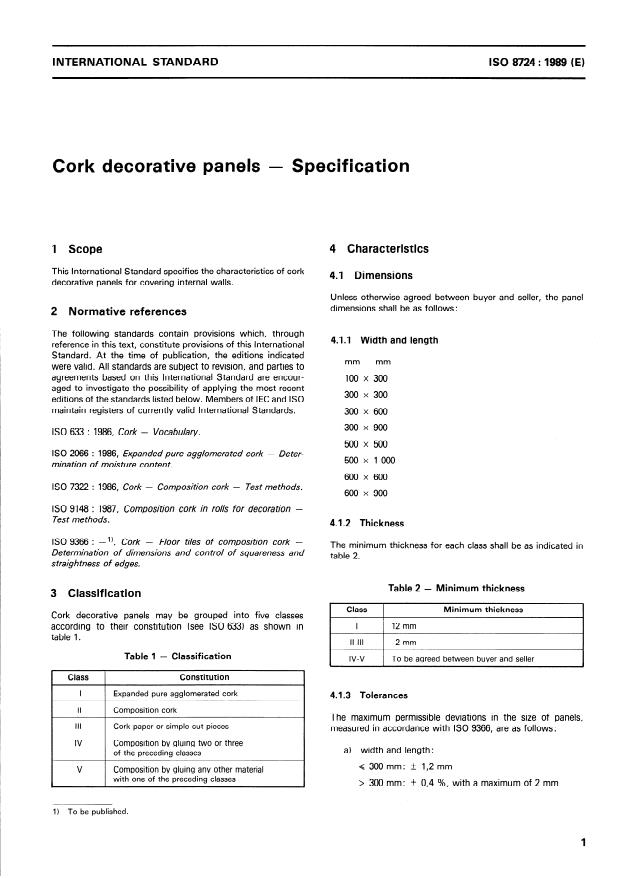 ISO 8724:1989 - Cork decorative panels -- Specification