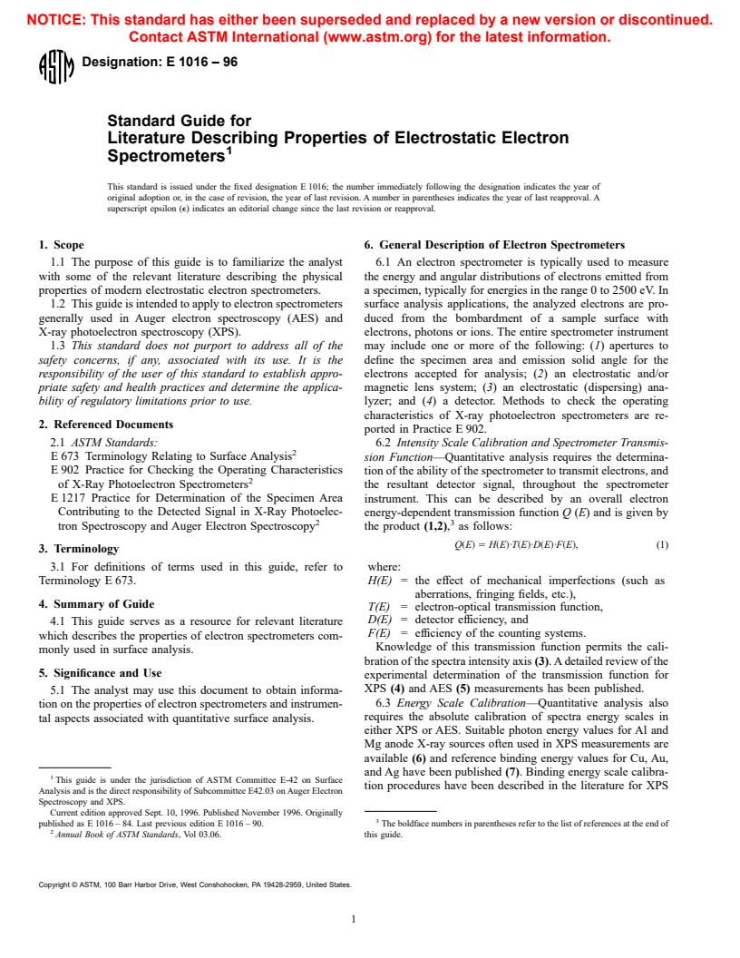 ASTM E1016-96 - Standard Guide for Literature Describing Properties of Electrostatic Electron Spectrometers