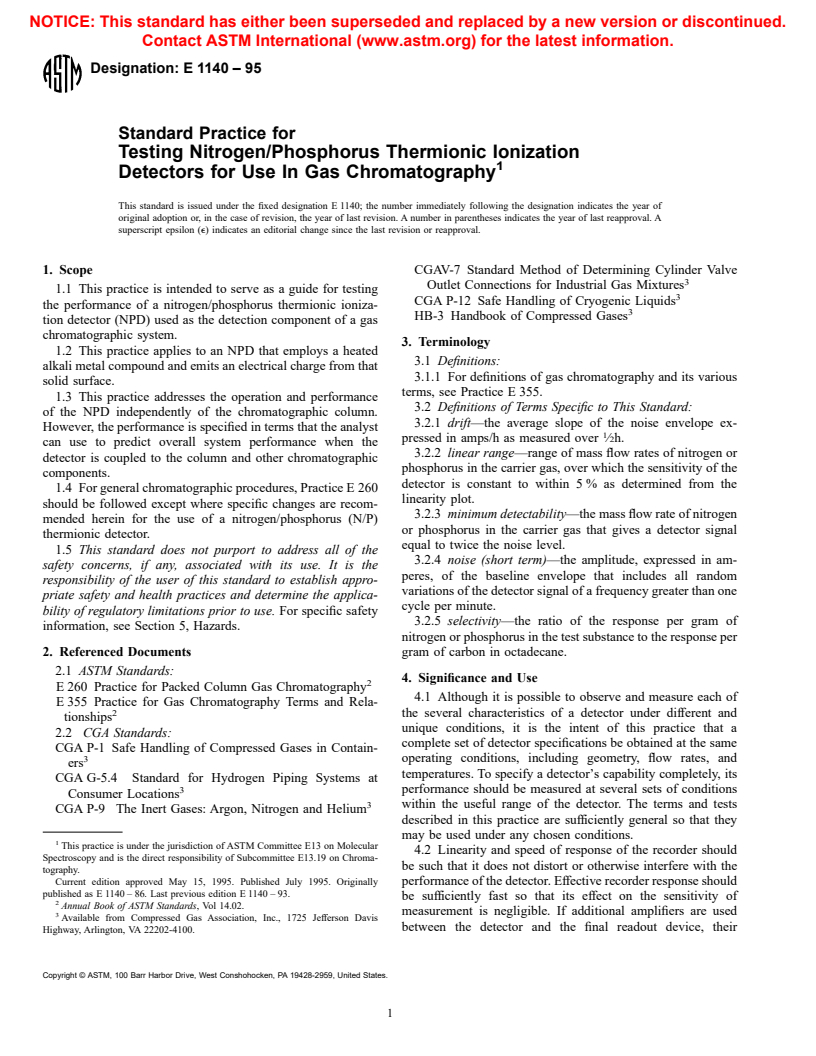 ASTM E1140-95 - Standard Practice for Testing Nitrogen/Phosphorus Thermionic Ionization Detectors for Use In Gas Chromatography